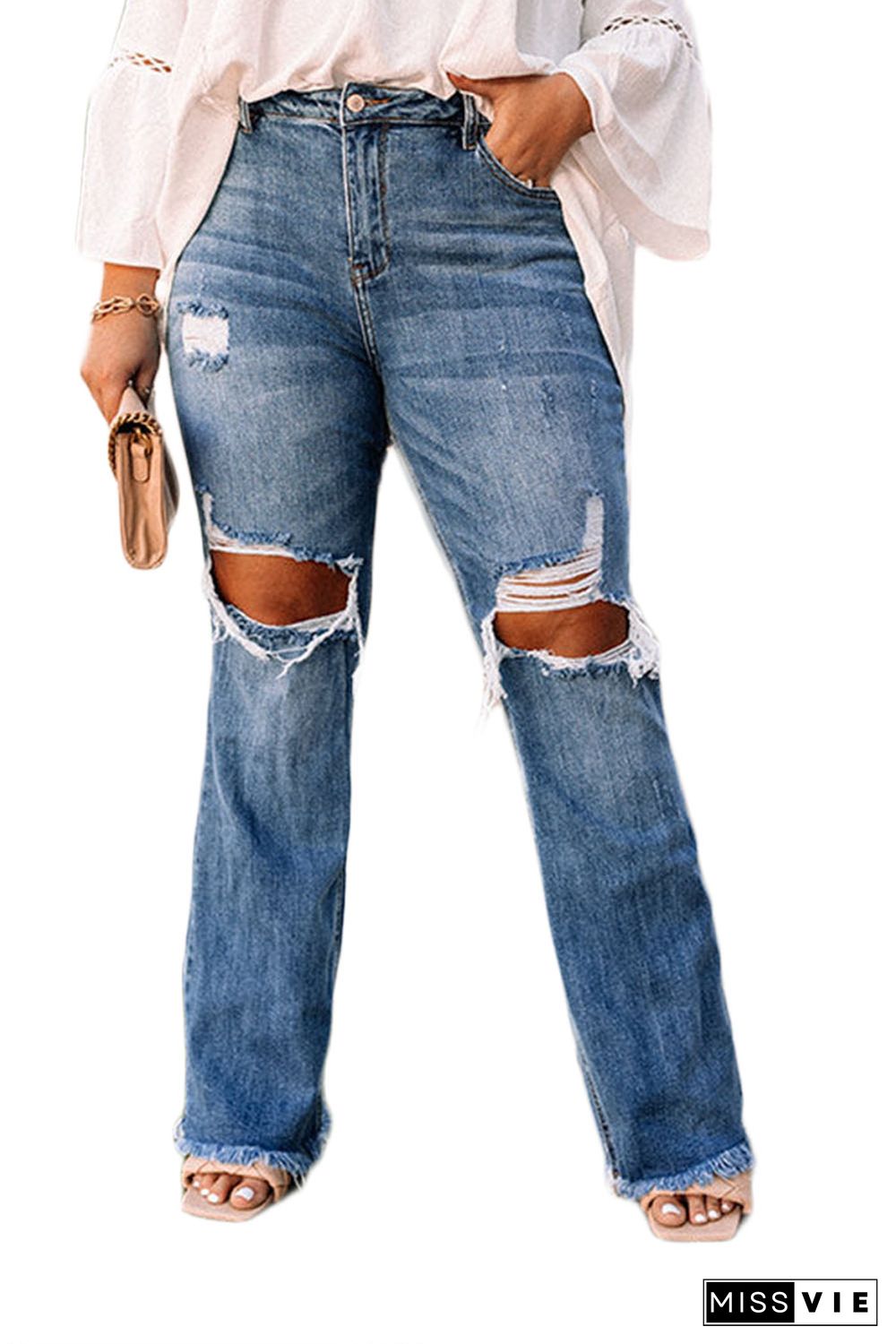 Blue Plus Size Open Knee Distressed Jeans