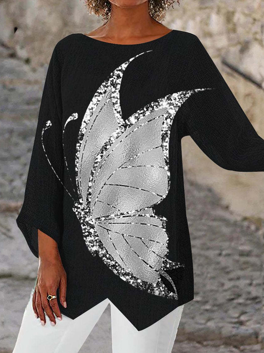 Casual Butterfly Print Round Neck Long Sleeve Blouse