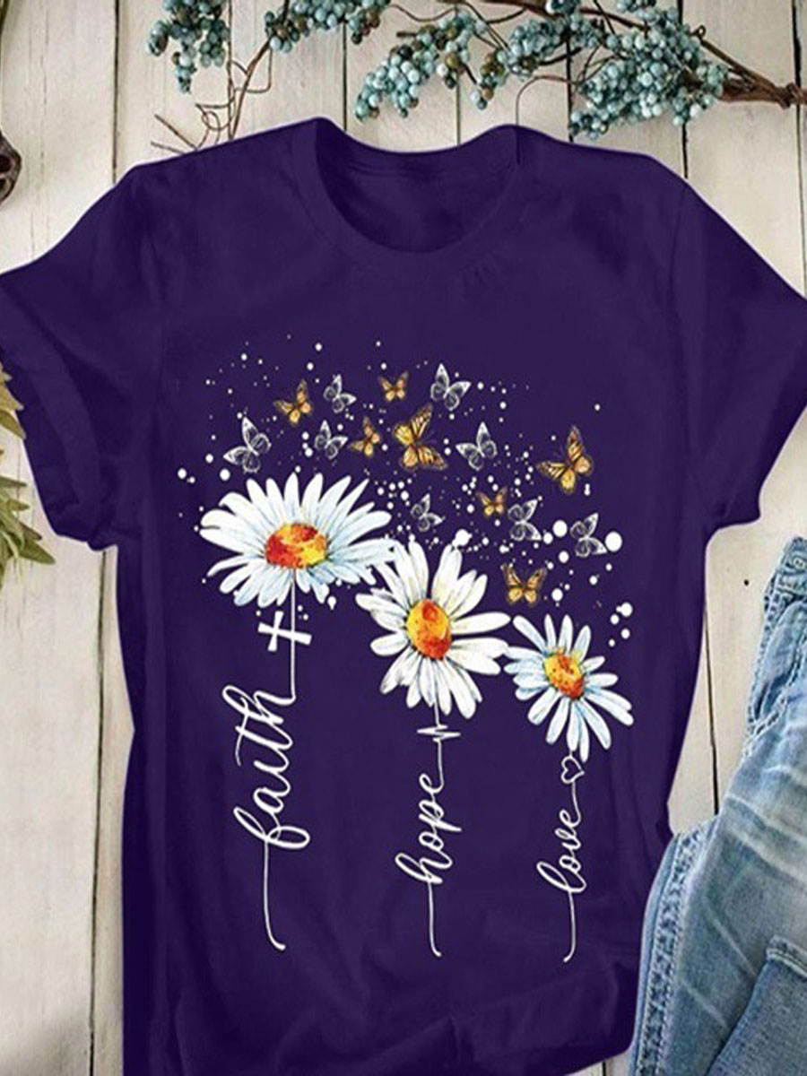 Round Neck Casual Creative Flower Print T-Shirt