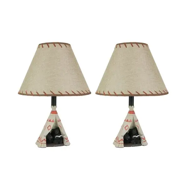 Set Of 2 Resin Mama Bear Reading Book To Cub In Teepee Tent Table Lamp Home Decor - 19 X 13.75 X 13.75 inches