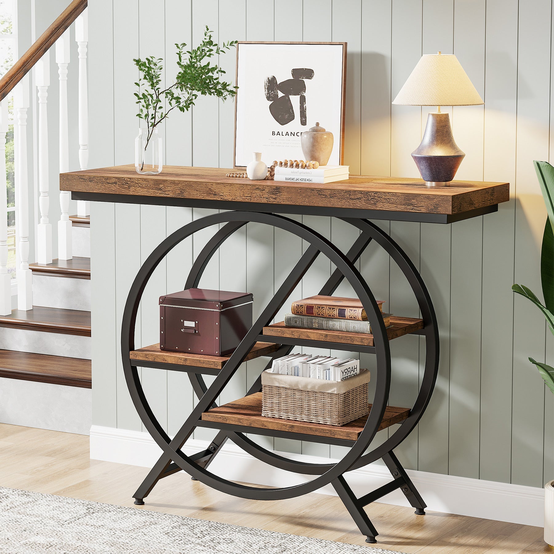 4-Tier Console Table, 39.4 Entryway Table with Geometric Metal Frame