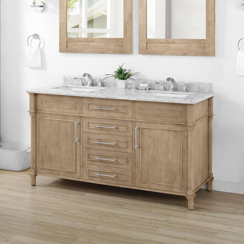 Home Decorators Collection Aberdeen 60 in. x 22 in. D x 34.5 in. H Bath Vanity in Antique Oak with White Carrara Marble Top Aberdeen 60AO