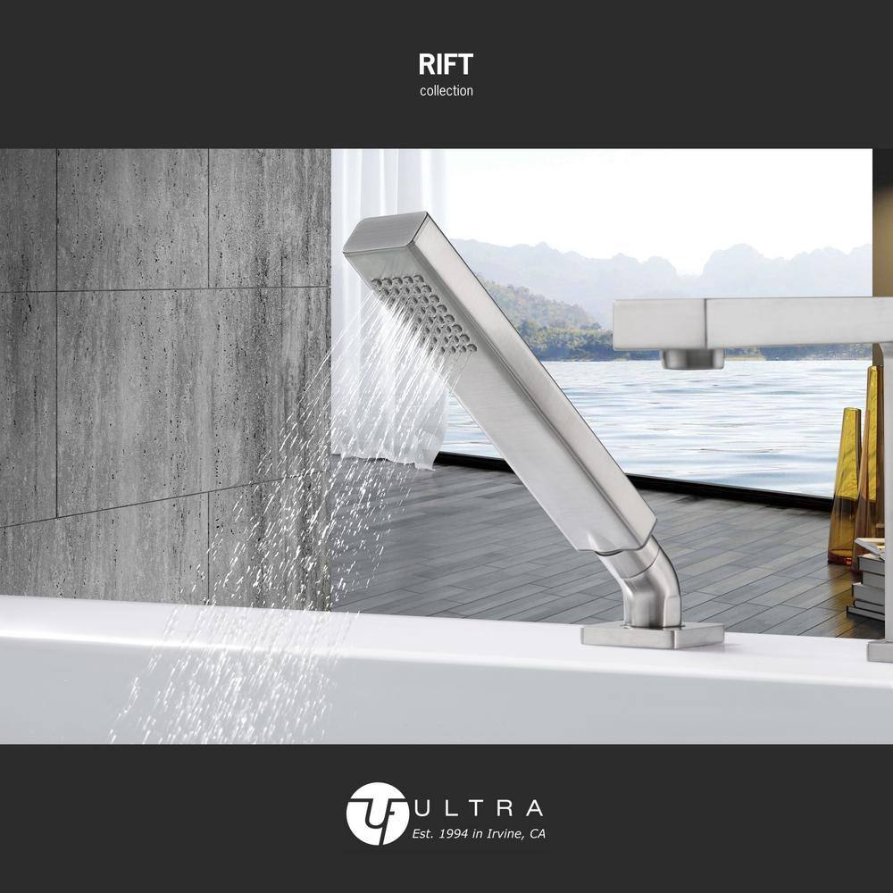 Ultra Faucets Rift Single Handle Deck-Mounted Roman Tub Faucet with Hand Shower in Brushed Nickel UF65843