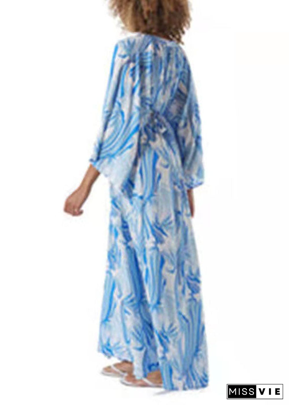 Stylish Blue Print Chiffon tie waist kimono robe Dresses