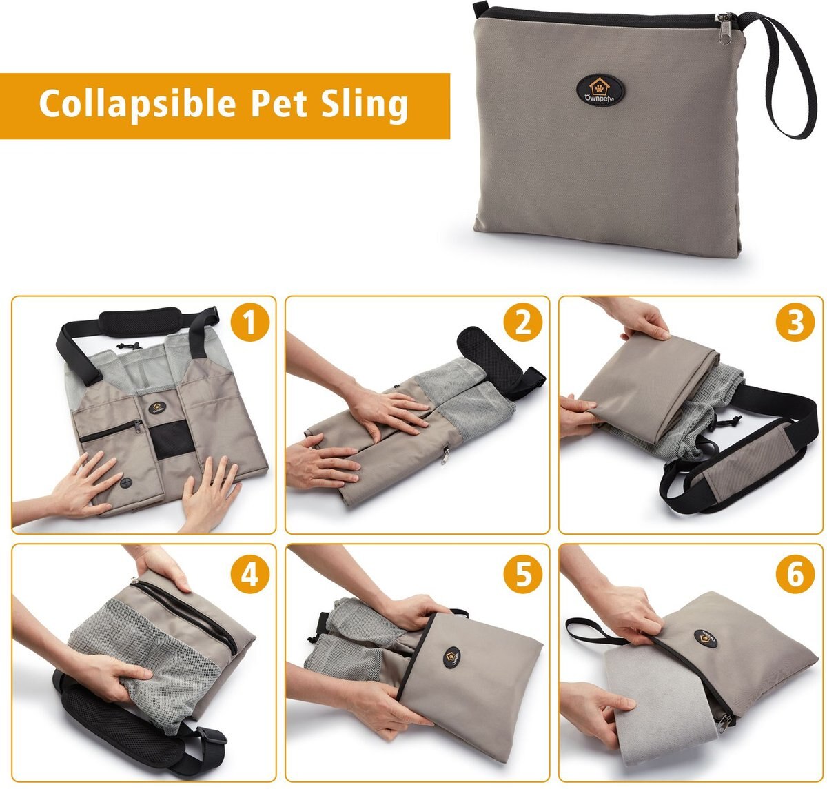 Ownpets Foldable Sling Carrier for Puppies， Small Dogs and Cats， Grey