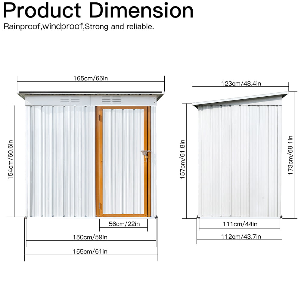 Vertical Storage Shed, BTMWAY 5' x 4' Multifunctional Outdoor Storage Shed, Tool Storage Shed House with Sloping Roof, Hinged Door and Padlock, Outdoor Storage Cabinet for Patio Backyard, White+Yellow