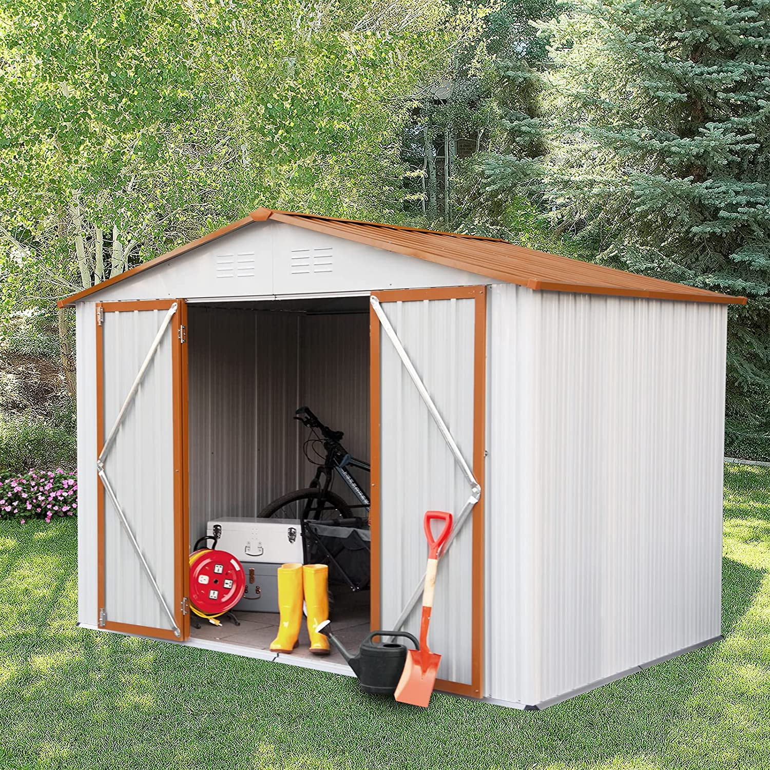 Ouyessir 8' x 6' Outdoor Storage Shed, Steel Metal Shed with Floor Frame,Double Lockable Doors Waterproof Tool Storage Shed for Courtyard, Lawn, Backyard