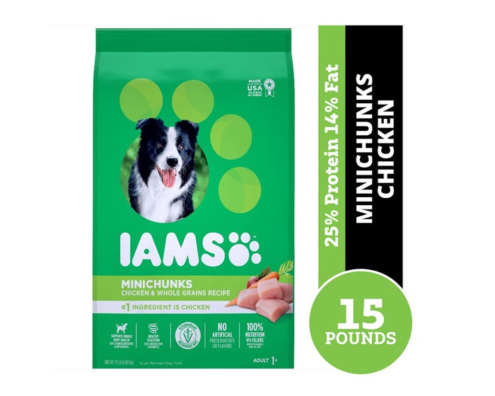 Iams Proactive Health Adult Mini-Chunks Chicken  Whole Grains Recipe Dry Dog Food， 15 lb. Bag