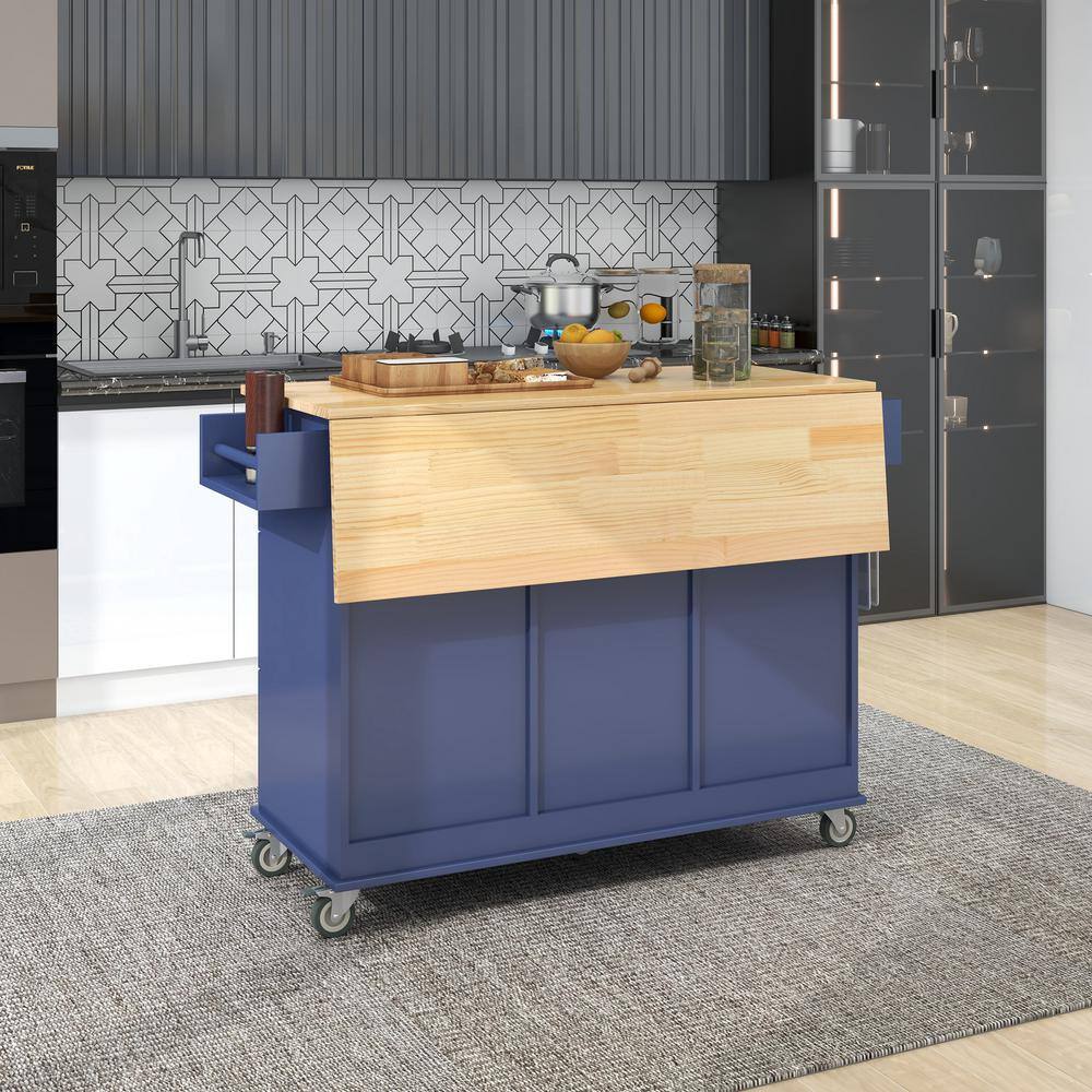 Runesay Dark Blue Solid Rubber Wood Drop Leaf Breakfast Bar 52.7 in. Rolling Mobile Kitchen Island with Spice and Towel Rack KIDBE5241