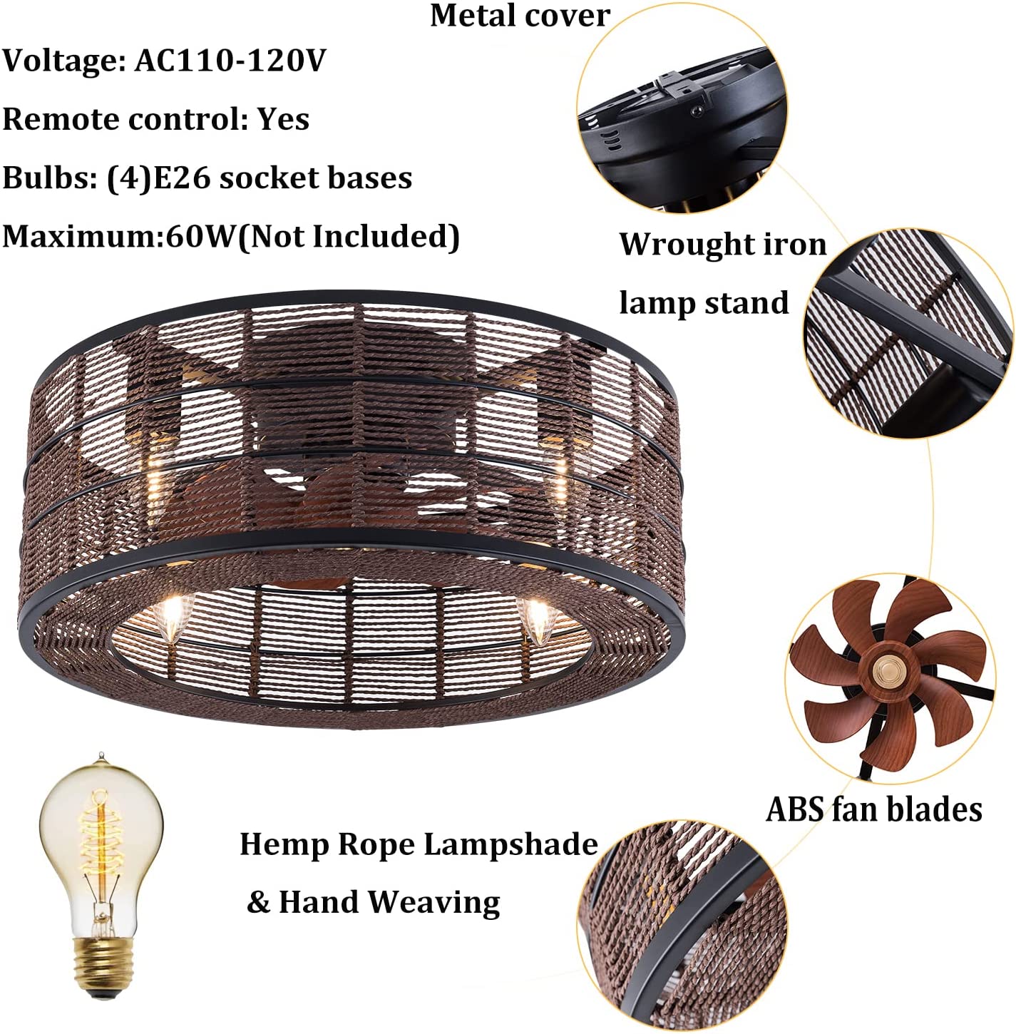 Miumaeov Caged Ceiling Fan with Light， 18.5 in Bladeless Ceiling Fan with Remote Control， 3 Speeds Low Profile Modern Enclosed Ceiling Fans with Silent Motor， Brown