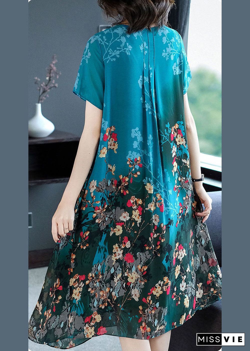 Beautiful Blue O-Neck Pockets Print Chiffon A Line Dress Short Sleeve