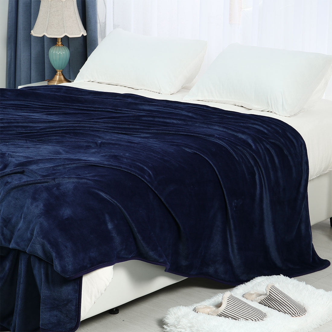 Unique Bargains Flannel Fleece Blanket Soft Luxury Hemmed Navy Blue Twin XL