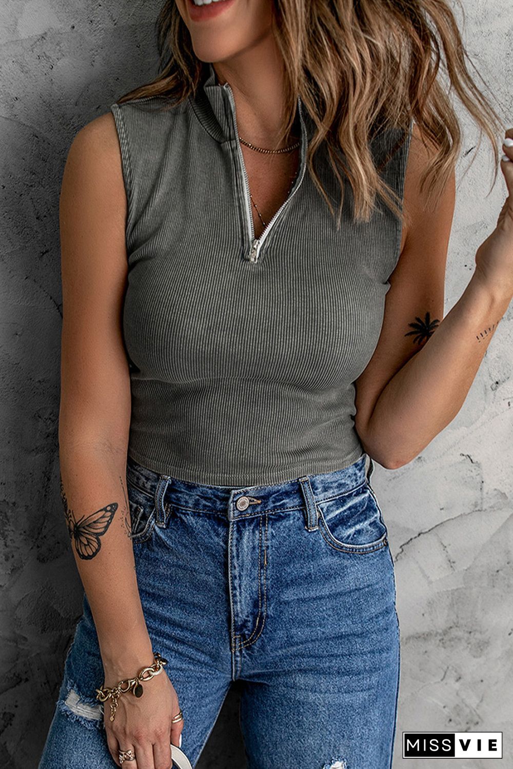 Gray Zip-up Ribbed Cropped Tank Top