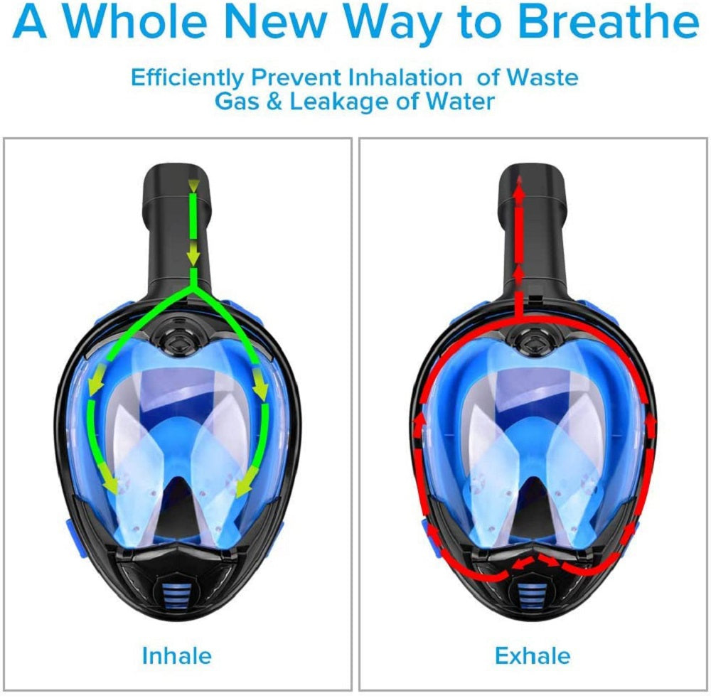 Full Face Snorkel Mask-Diving Mask with 180 Panoramic View Easy Breath， Anti-Fog and Anti-Leak， Detachable Camera Mount Dual Snorkeling Gear Perfect for Diving and Swimming Black+Blue L/XL