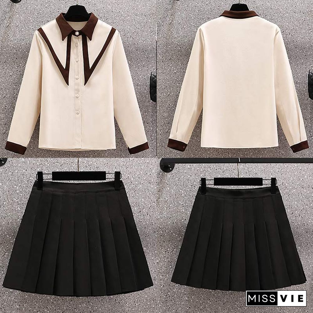 Lapel Shirt Pleated Skirt Two Piece Set