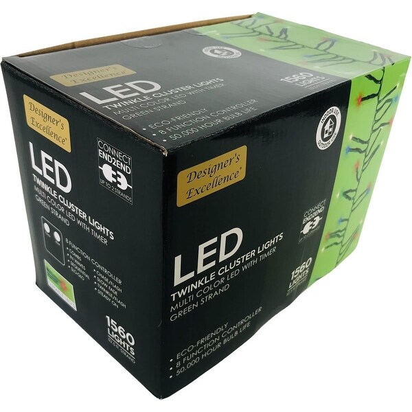 LED Twinkle Cluster Lights 52.5Ft Multi w/ Green Strand Connect End to End