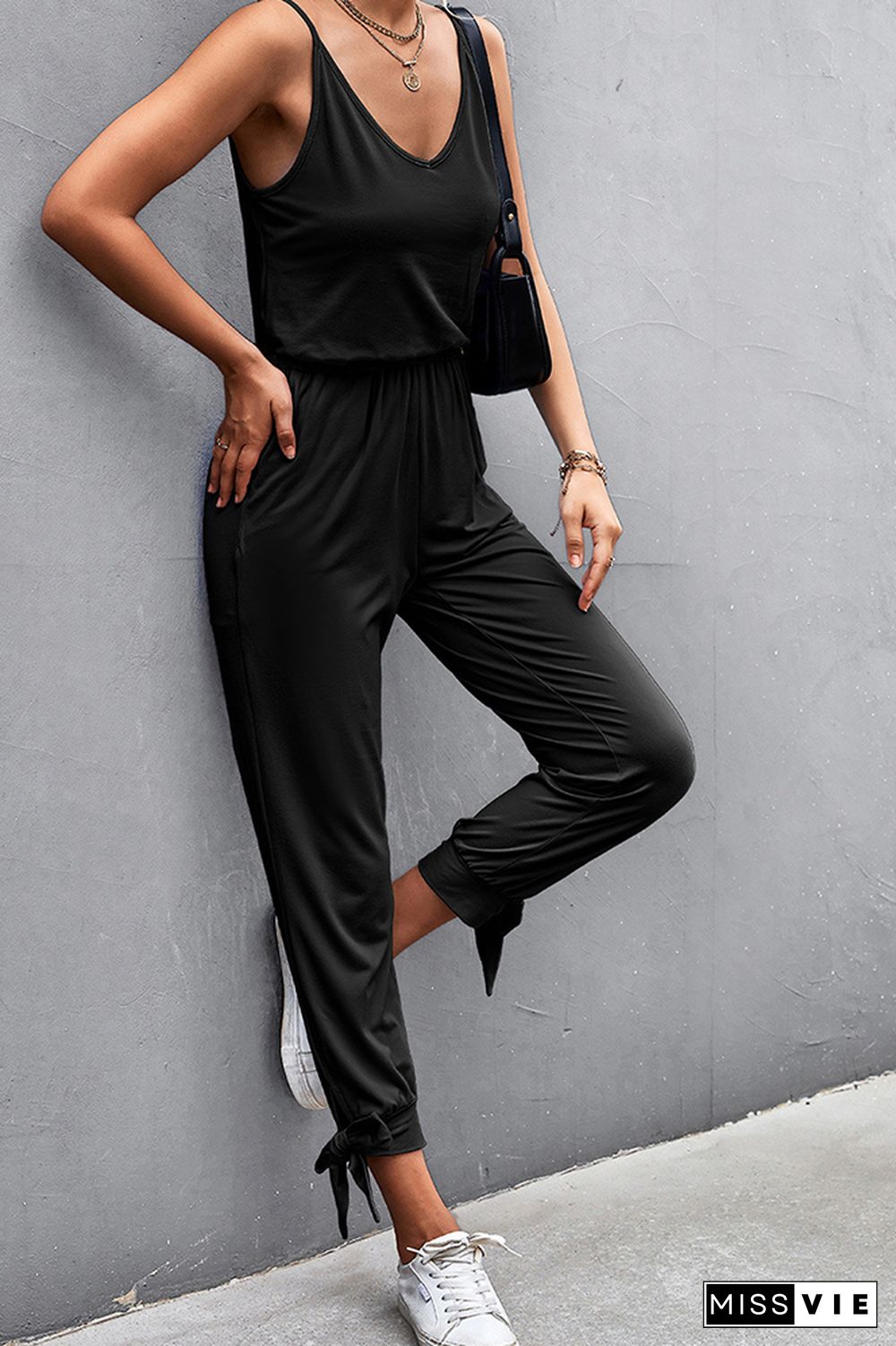 V-Neck Sleeveless Slit Tie Long Jumpsuit Wholesale