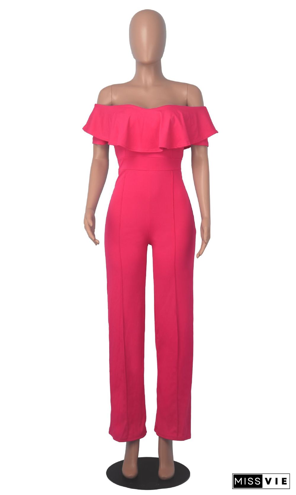 Elegant Solid Ruffle Slash Neck One Piece Jumpsuit