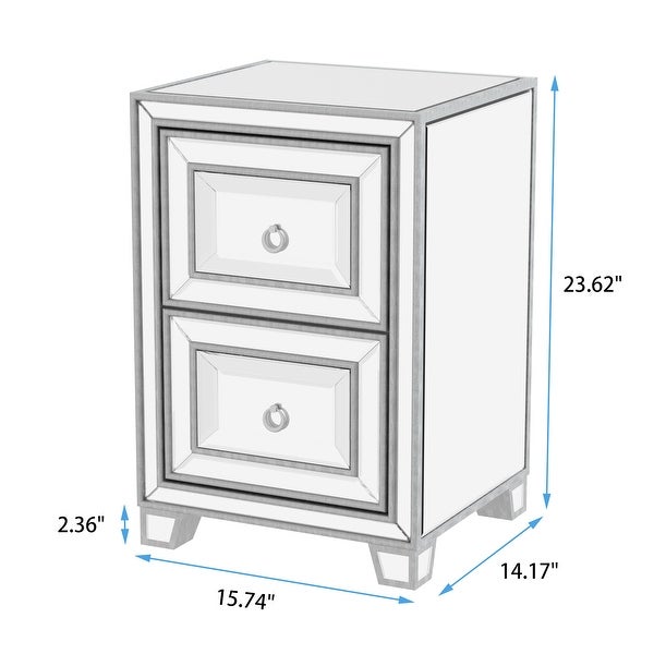 Mirrored Nightstand with 2 Drawers， Silver Side Table， Antique Painted End Table for Bedroom Living Room - - 37569442