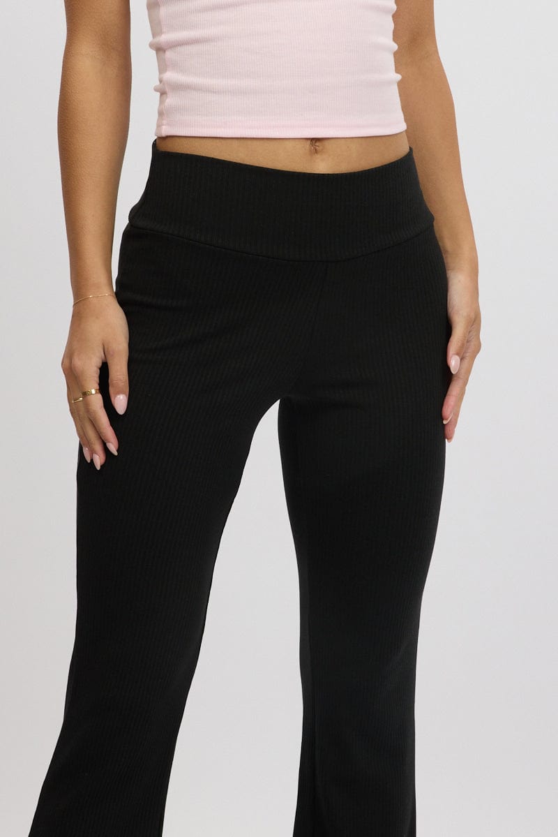 Black Fold Back Flare Leg Pants