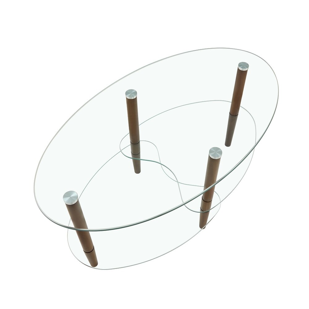 Oval glass coffee table  Transparent coffee table  modern table in living room with Oak wood legs  tea table