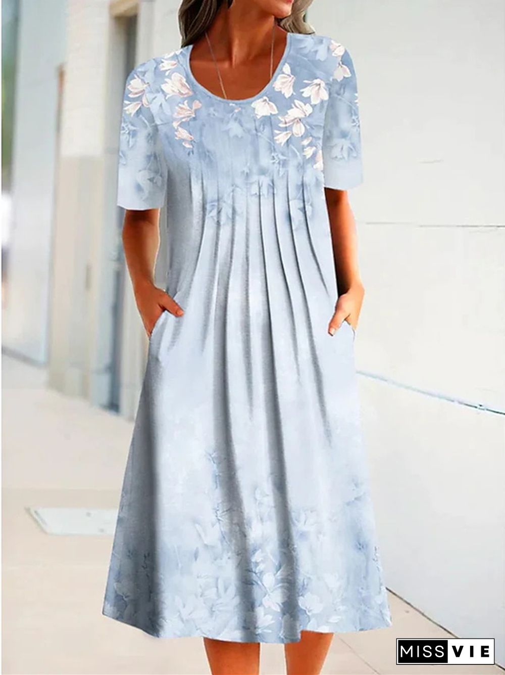 Casual Flower Round Neck Medium Length Straight Dress