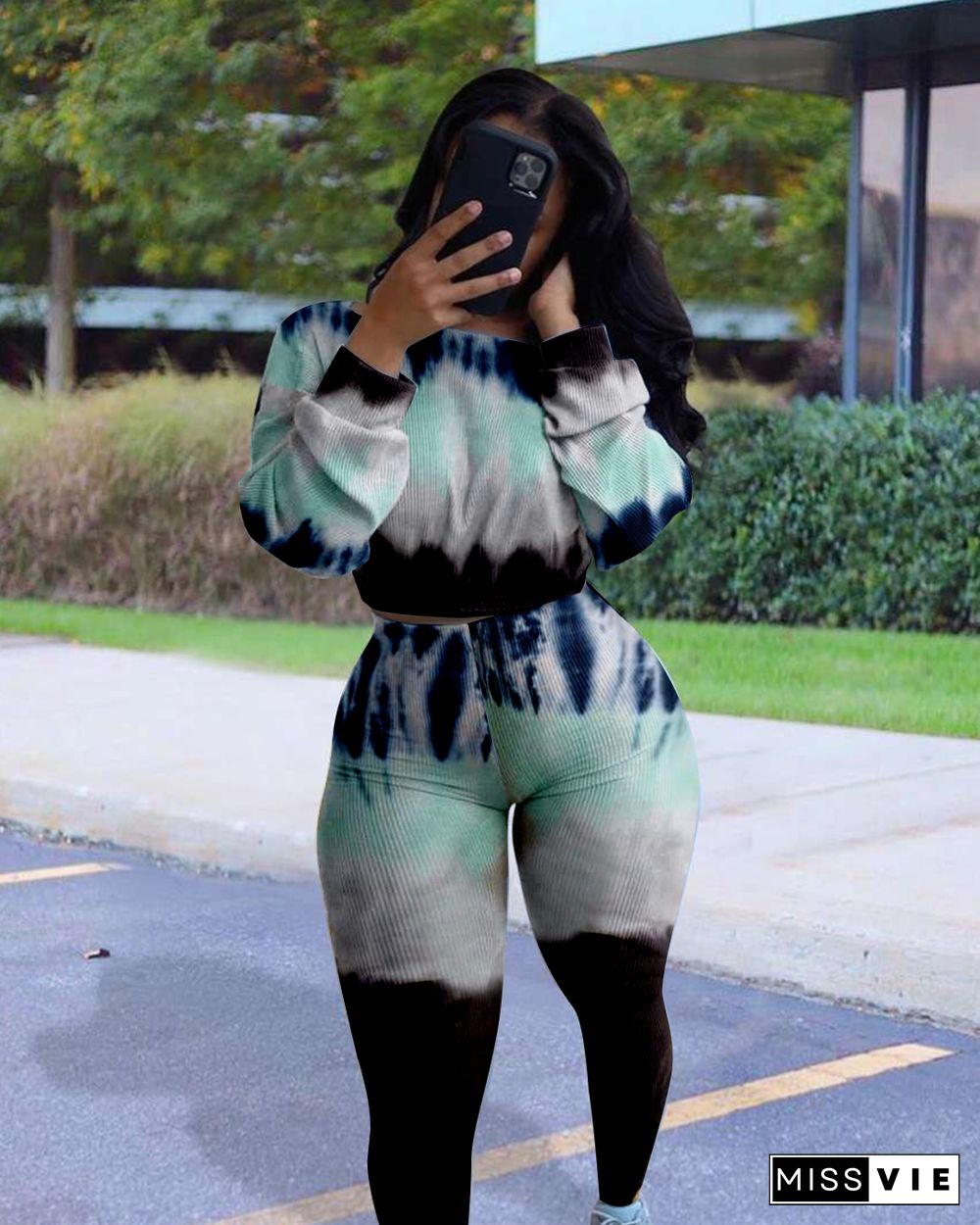 Autumn Tie-dye Long Sleeves Crop Top Skinny Pants Suit