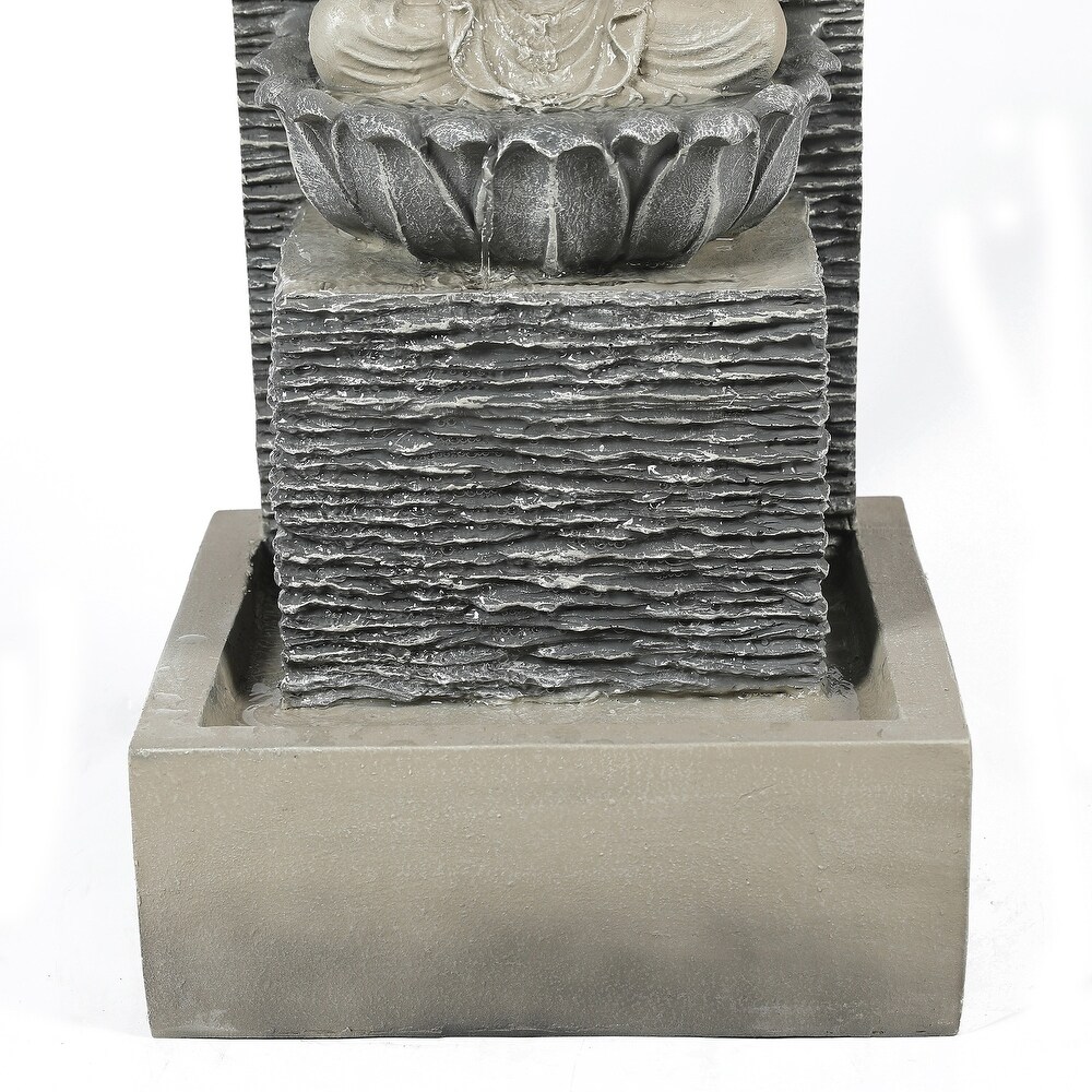 Grey Resin Meditating Buddha on Pedestal Outdoor Patio Fountain with LED Light