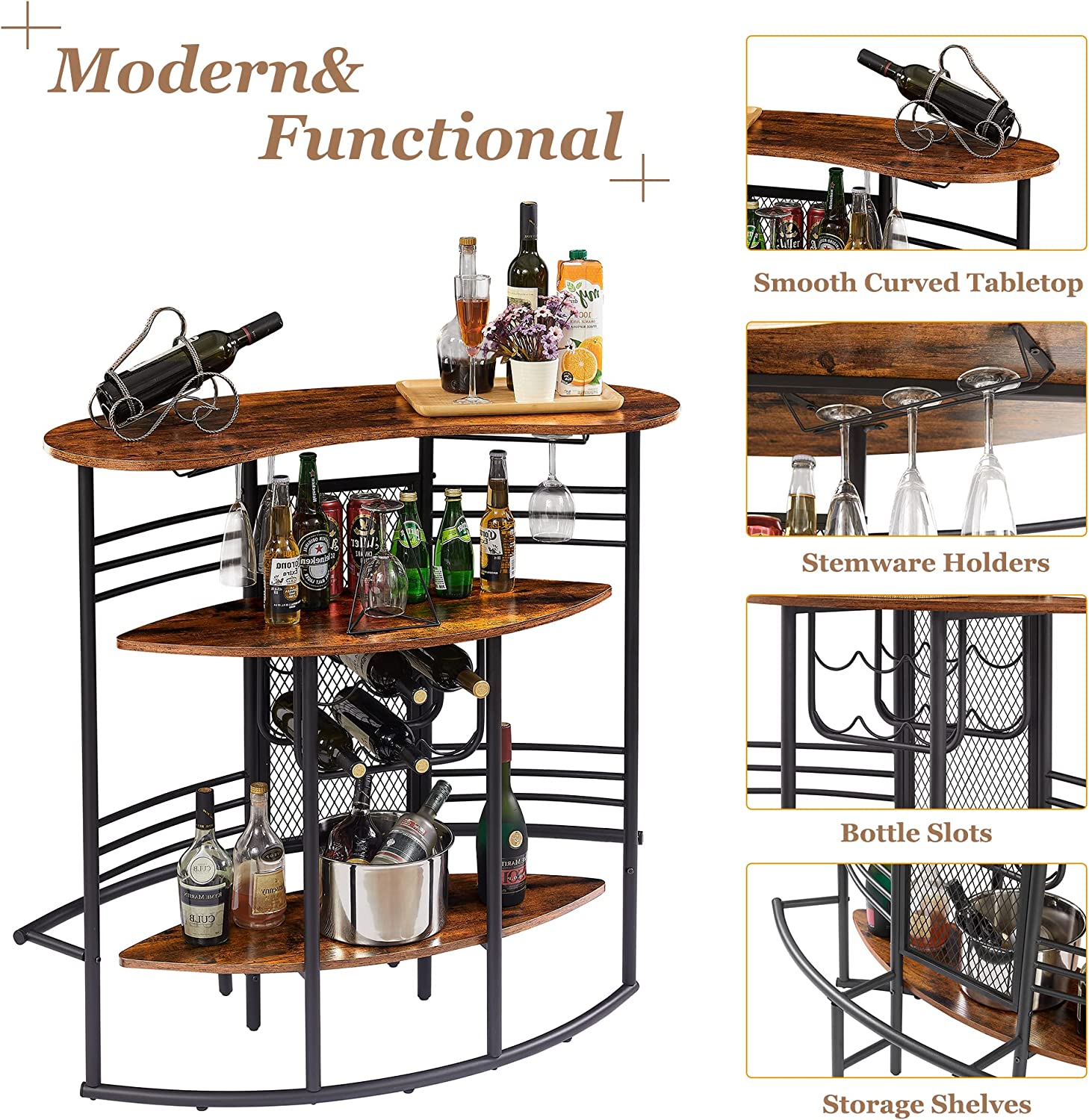 VECELO Oval Bar Table with Wood Counter Top and Wine Rack Storage， Wine Bakers Rack for Kitchen Dining Room， Brown