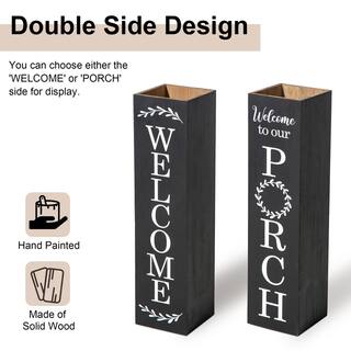 Glitzhome 30 in. H Black Double Sided Wooden Boxed quotWelcome Porchquot Porch Sign 2022900047