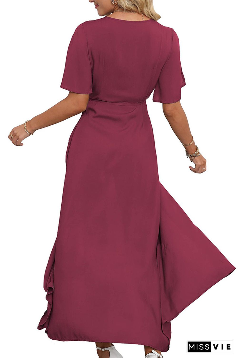 Plain Wrap V Neck Side Split With Sash Maxi Dress