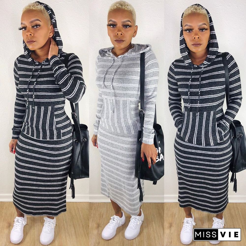 Casual Women Stripe Hoodies Ankle-length Dress