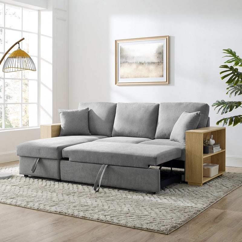 2 Seats Sofa and Reversible Chaise with Storage， MDF Shelf Armrest