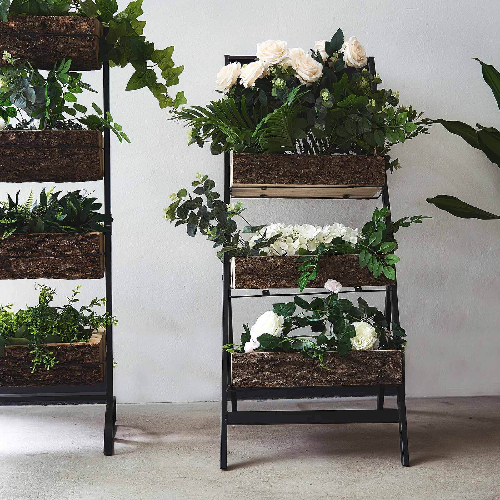 3-Tier Metal Ladder Plant Stand With Natural Wooden Log Planters 42