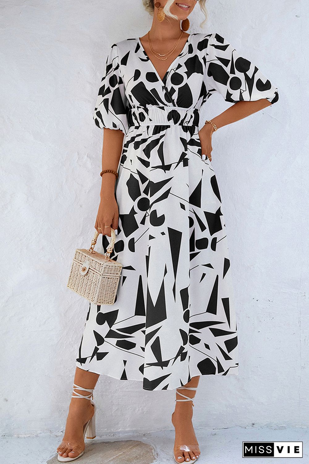 Wrap V Neck Geometric Print Bubble Sleeves Maxi Dress