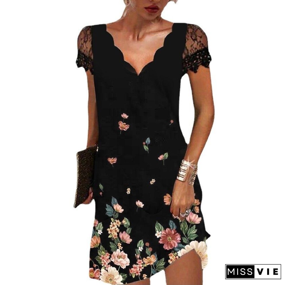 Summer Women's Casual Short Sleeve Dress Mesh Positioning Printed Lace V-Neck Beach Dress