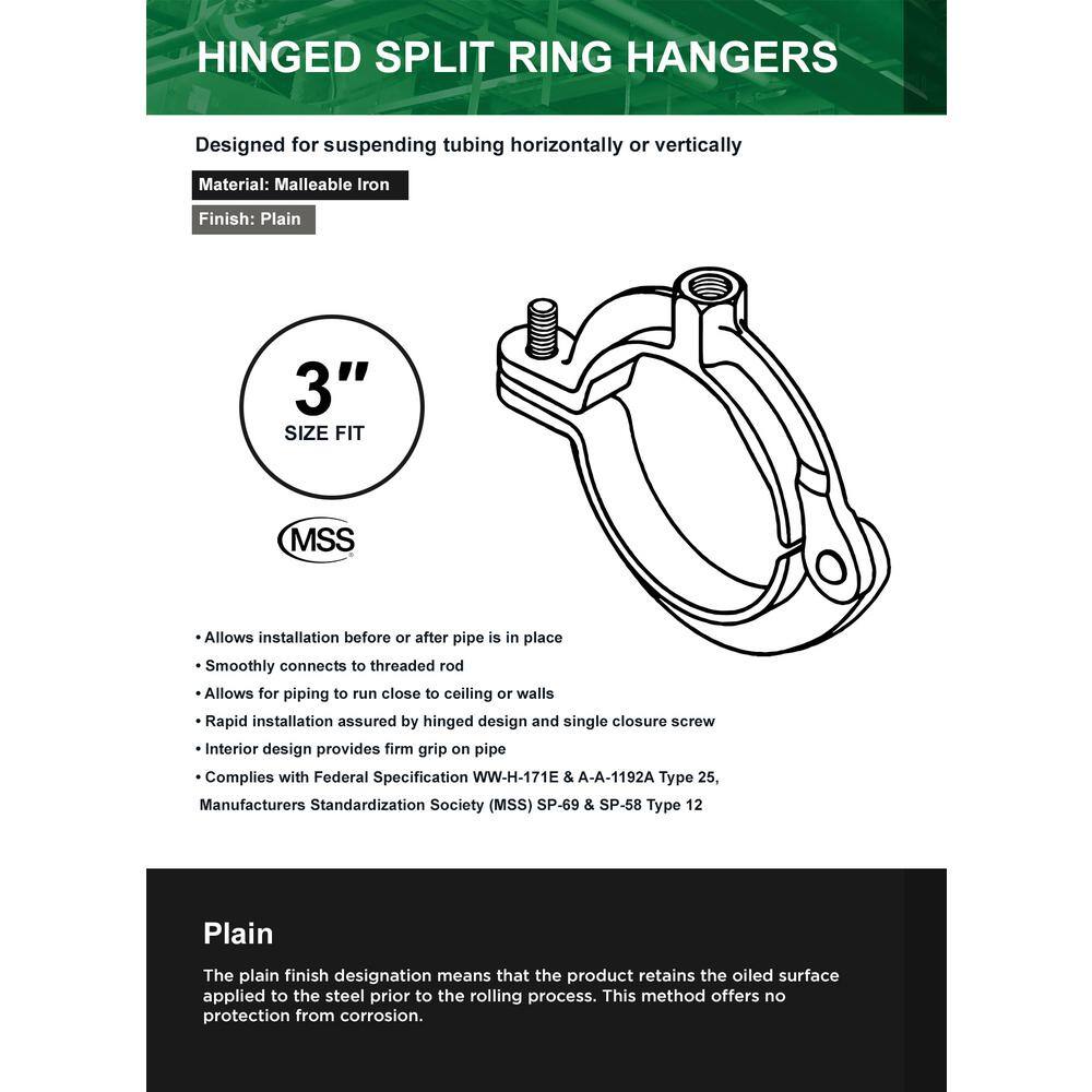 The Plumber's Choice 3 in. Hinged Split Ring Pipe Hanger Malleable Iron Clamp with 78 in. Rod Fitting for Suspending Tubing (5-Pack) 03HSHB-5