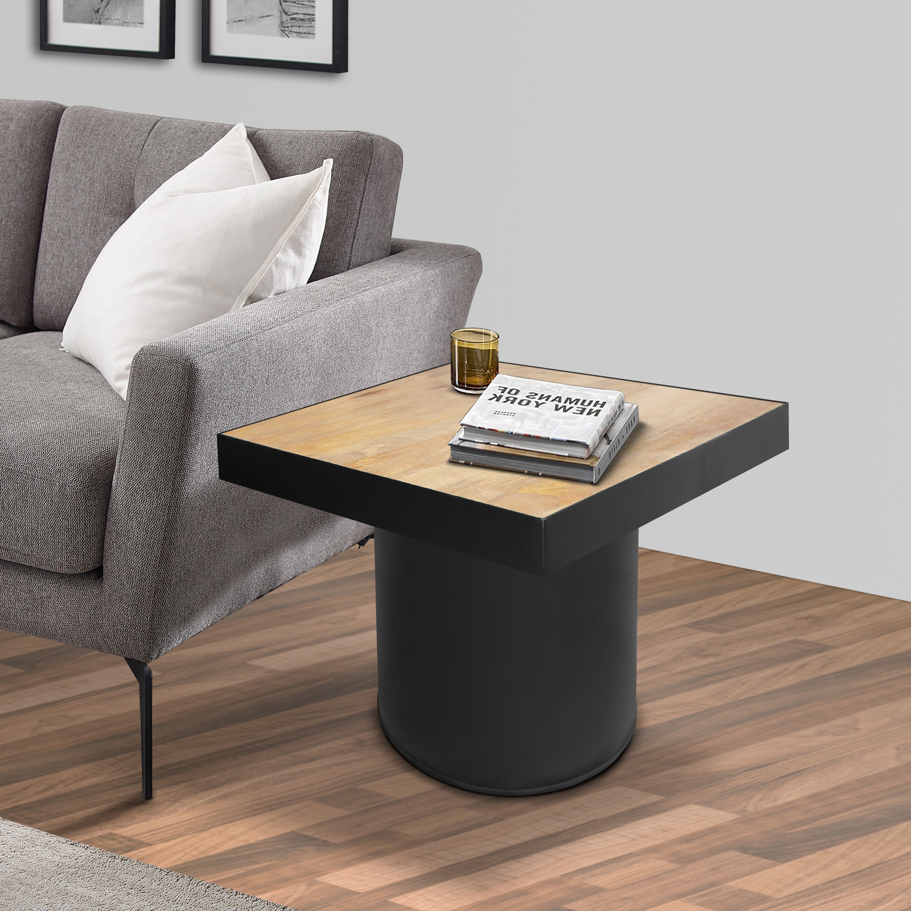 21 Inch Wooden Side Table with Block Metal Base， Brown and Black