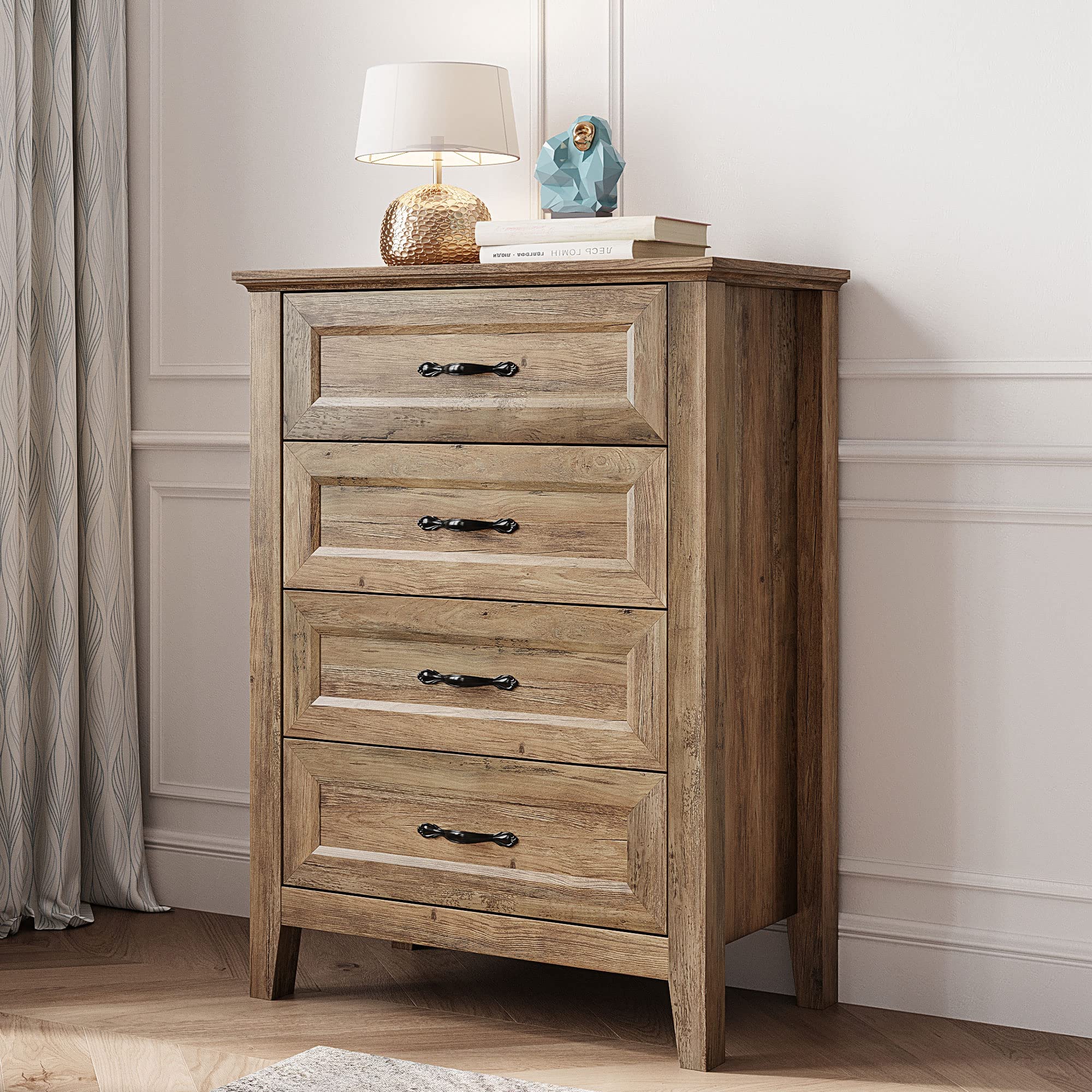 LINSY HOME Dresser for Bedroom, 4 Drawer Dresser with Metal Handles, Wood Chest of Drawers, Tall Dresser for Living Room, Entryway, and Closet, Brown