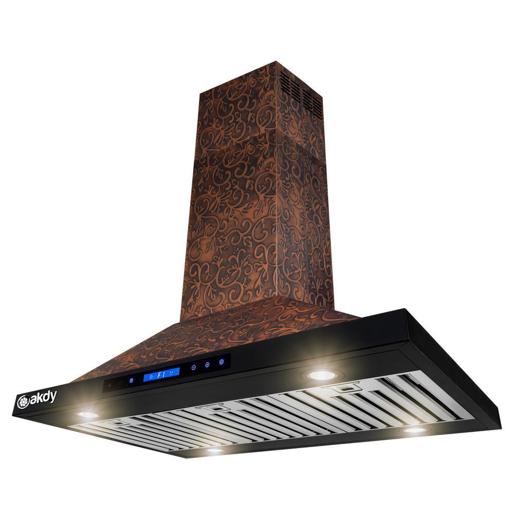 AKDY 36 in Convertible Island Mount in Embossed Copper Vine Design Kitchen Range Hood with Lights