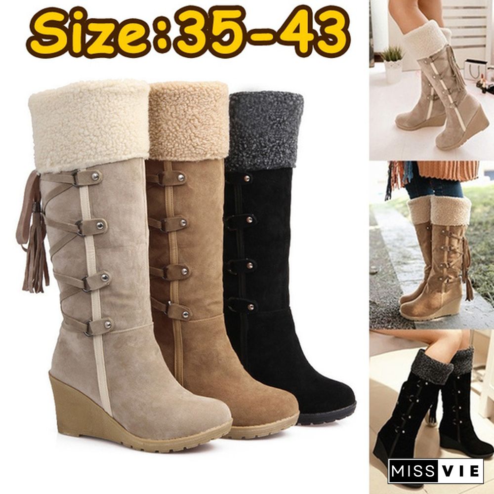 Warm Winter Women Snow Boots Wedges Knee High Slip-Resistant Boots Thermal Female Cotton-Padded Shoes