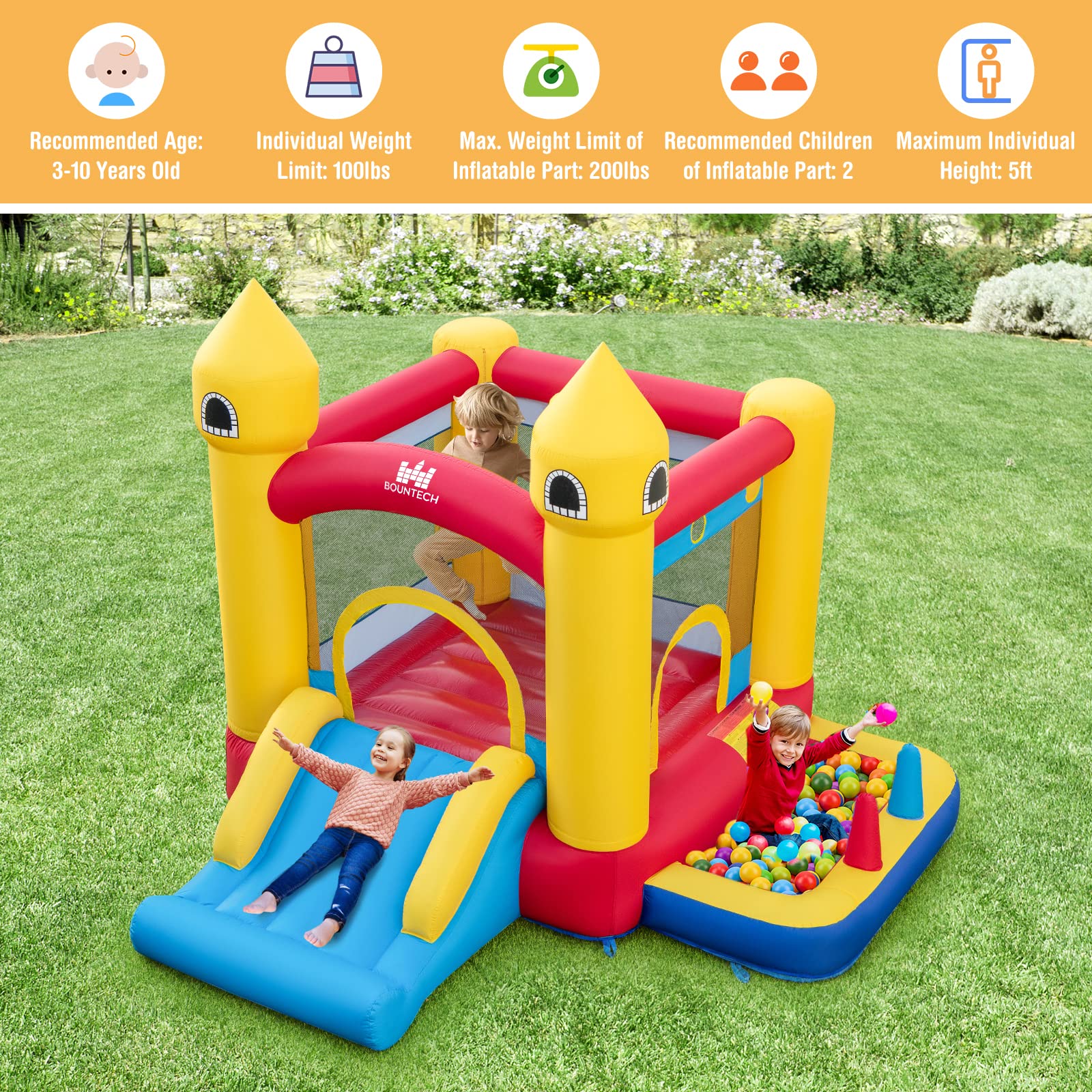 BOUNTECH Inflatable Bounce House, Bouncy House for Toddler Kids 5-12 Backyard Party Fun w/480W Blower, Basketball Hoop