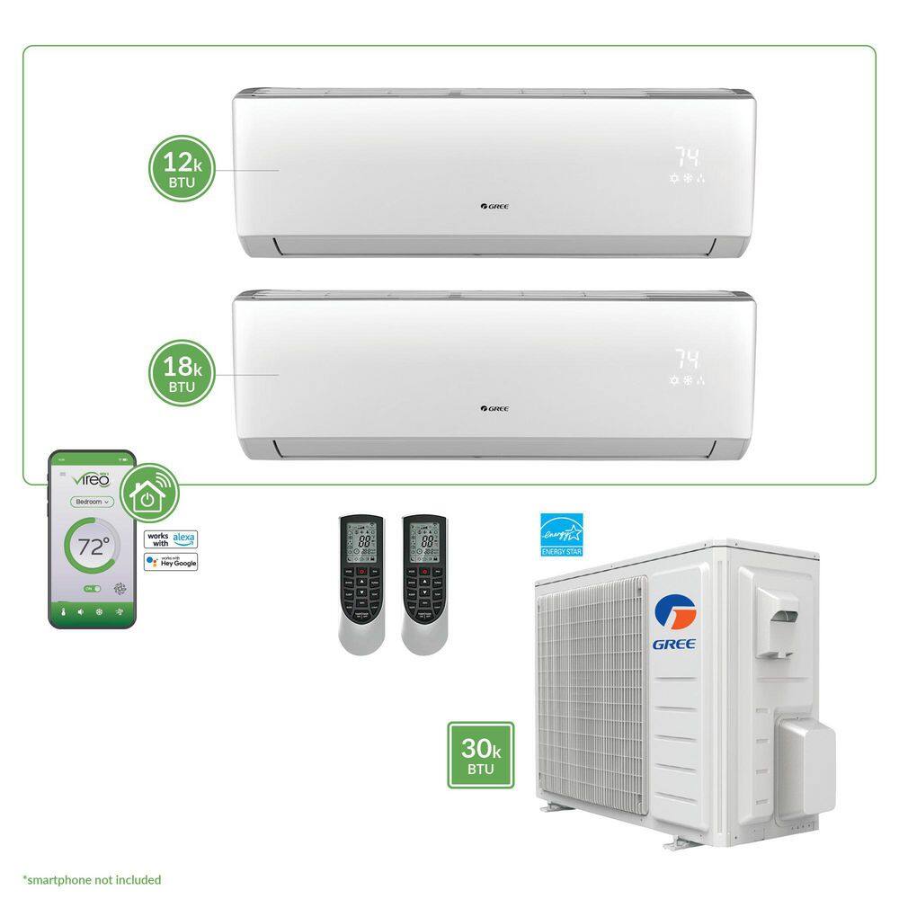 GREE Gen3 Smart Home Dual-Zone 28400 BTU 2.5 Ton Ductless Mini Split Air Conditioner with Heat Inverter Remote - 230-Volt MULTI30VIR204HP