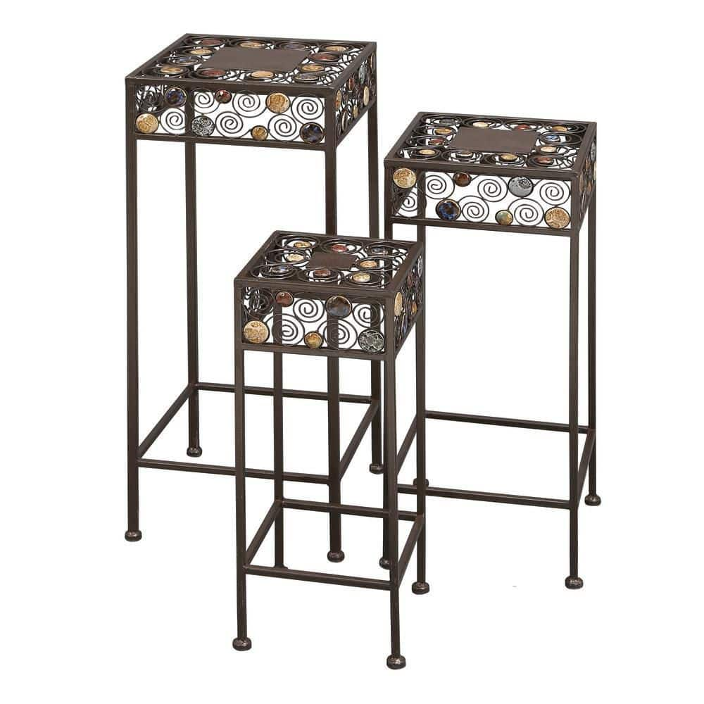 Litton Lane Large Black Metal Scroll Jeweled 3 Tier Plantstand (Set of 3) 61531