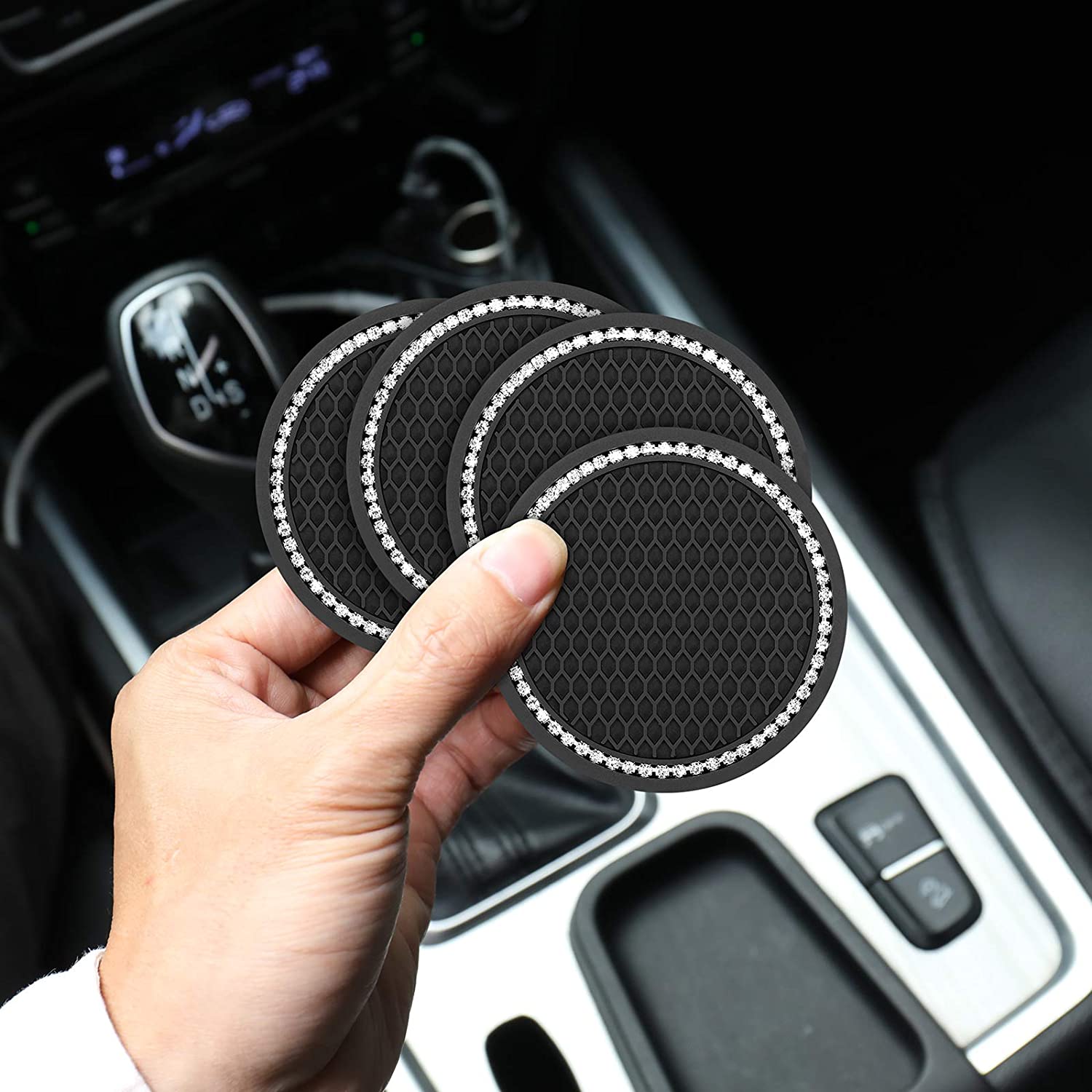 Fymlhomi Car Coasters for Cup Holders 4PCS Bling Car Accessories Coasters for Drinks Absorbent Coffee Table Cup Mat Drinking Coaster Silicone Drink Coasters with Holder Home Decor 2.75 Inch Black