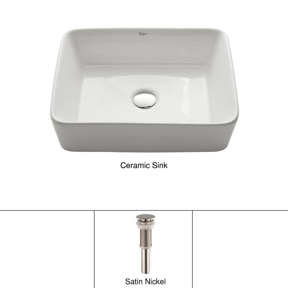 KRAUS Rectangular Ceramic Vessel Bathroom Sink in White with Pop Up Drain in Satin Nickel KCV-121-SN