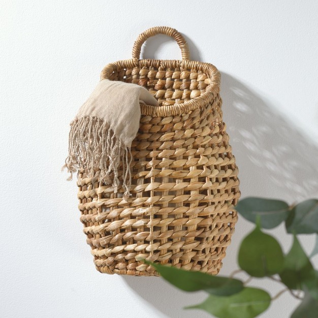 Mdesign Open Weave Water Hyacinth Hanging Wall Storage Belly Basket Natural tan