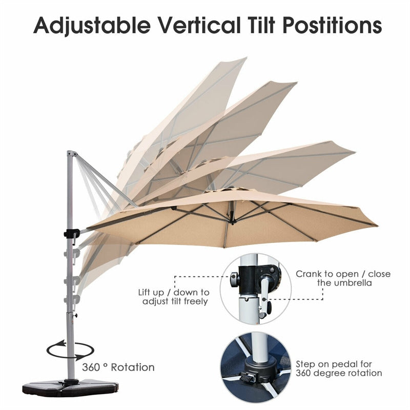 11 FT Patio Offset Cantilever Umbrella 360° Rotation Tilt with Cross Base & Crank Handle