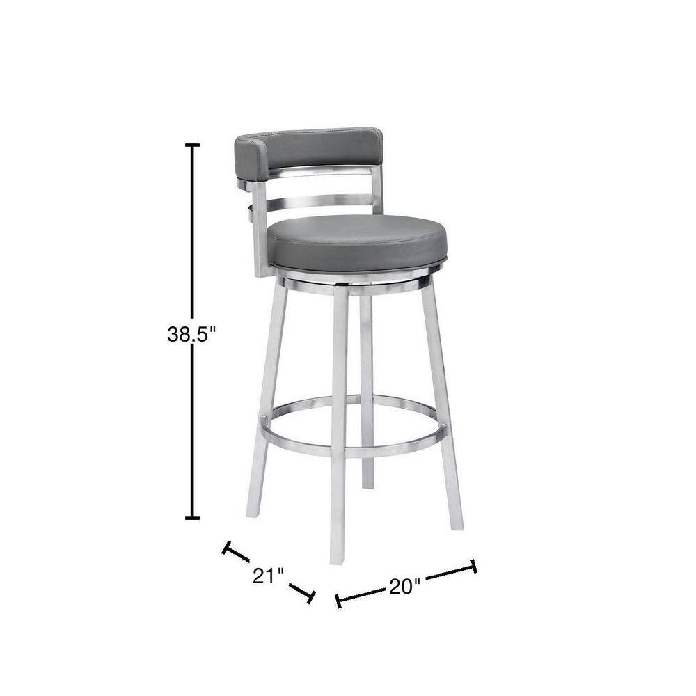 Armen Living Rayner Contemporary 30 in. Bar Height in Brushed Stainless Steel Finish and Grey Faux Leather Bar Stool 721535738182