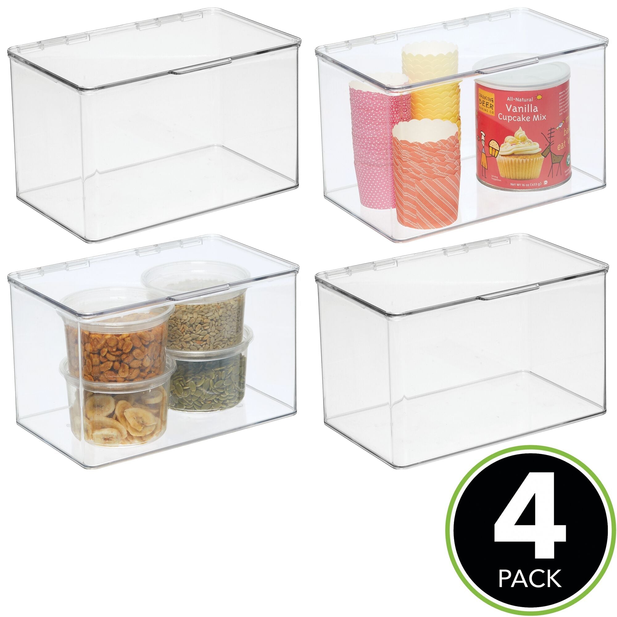 mDesign Plastic Stackable Food Storage Container Box with Hinged Lid - 4 Pack - Clear